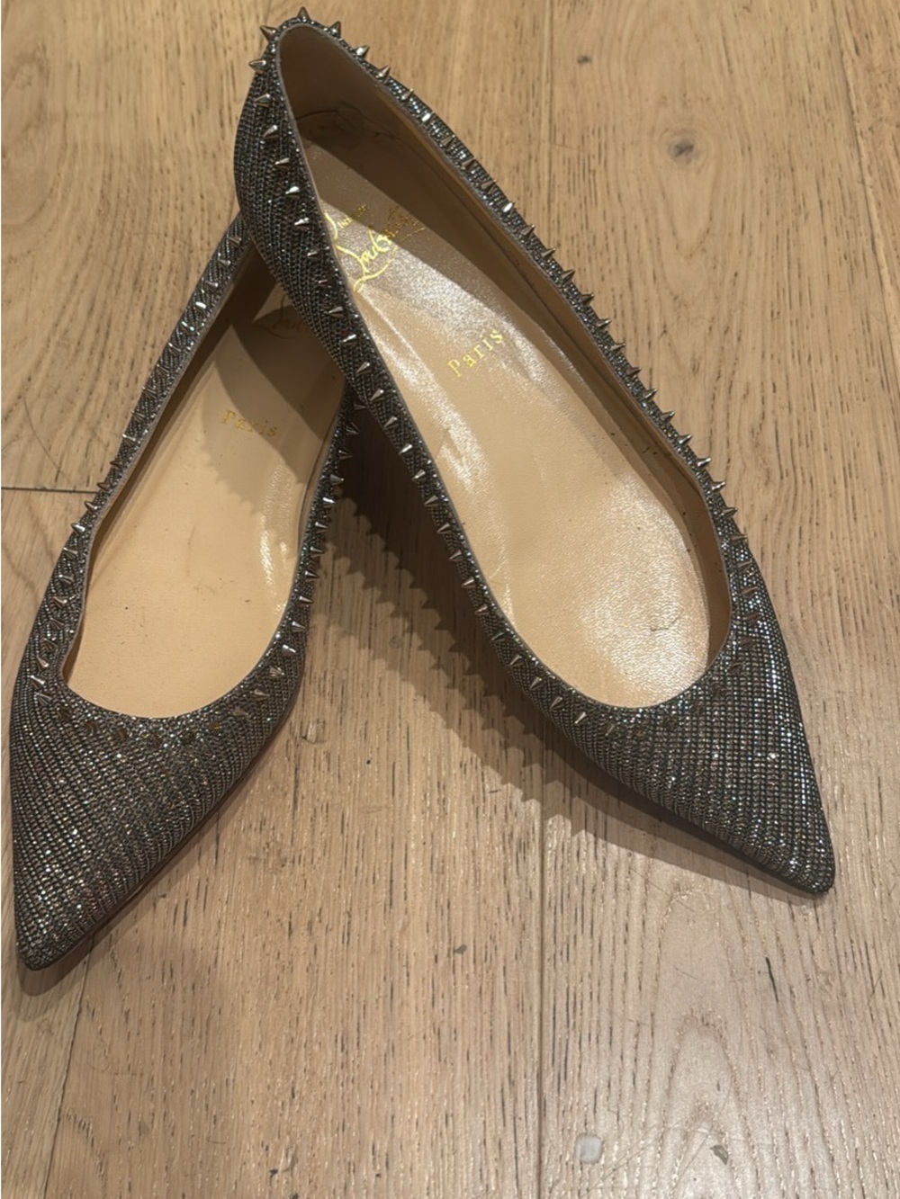 Christian Louboutin Silver Glitter Spike-Trim Pointed Flats